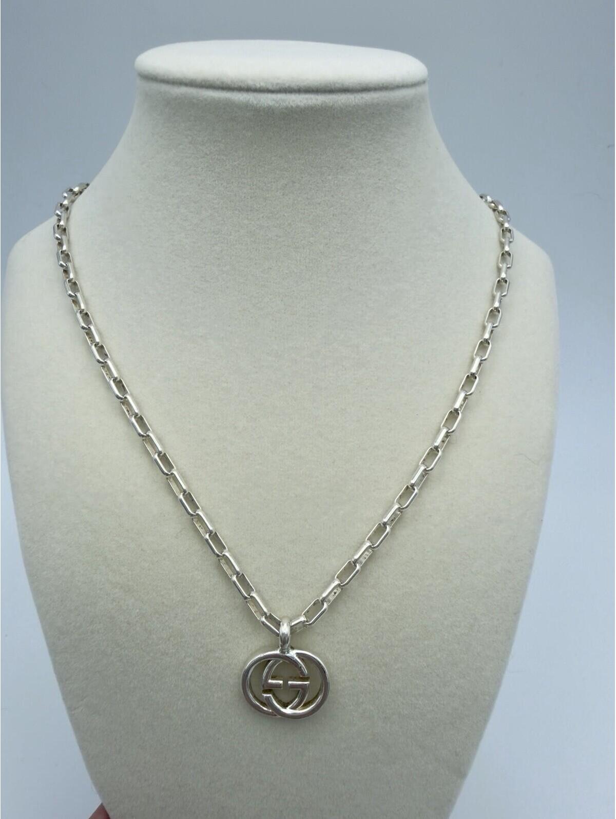 Authentic Gucci Sterling Silver 925 Interlocking Gg Logo Pendant Necklace 19”